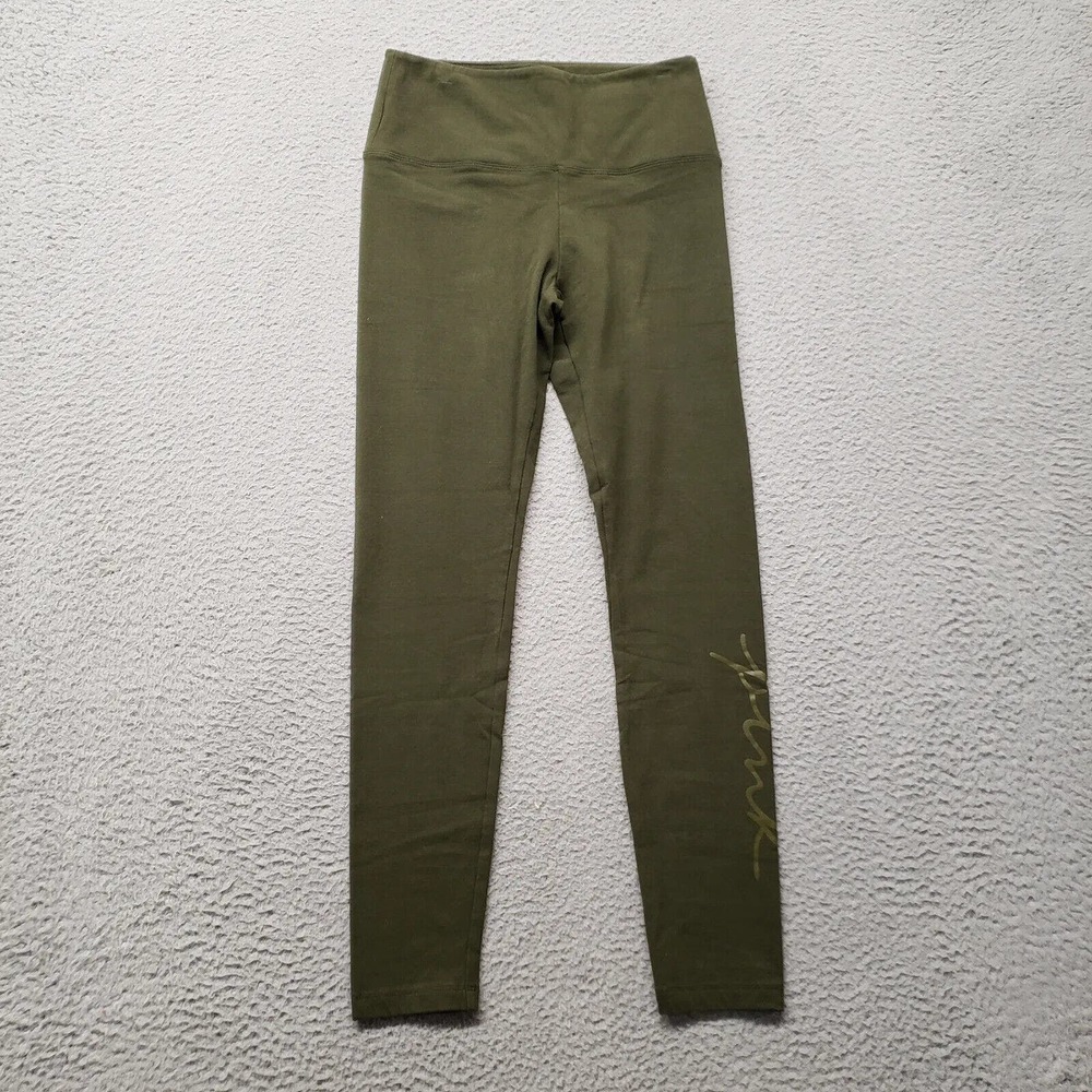 Victoria's Secret Pink Leggings Womens Medium Green Spellout Logo Running Yoga